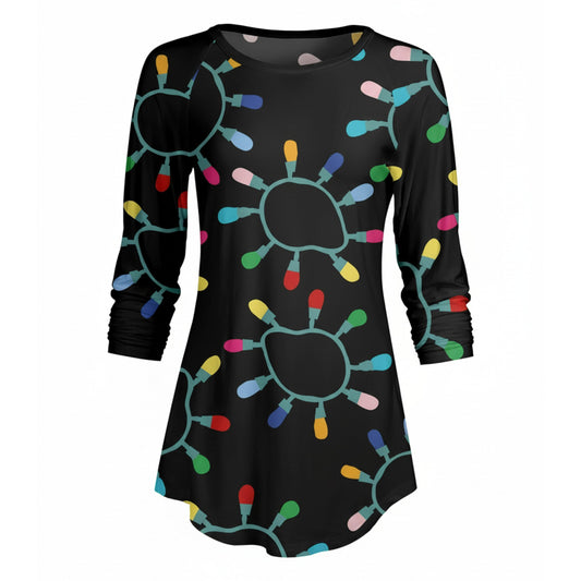 Lily by Firmiana Women’s ¾ Sleeve Scoop Neck Tunic Top Christmas Lights Print