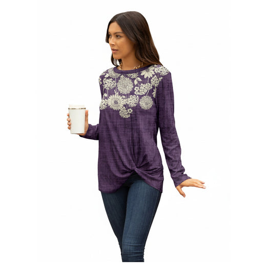 Lily by Firmiana Women's Long Sleeve Tunic with Twist Hem Purple and White Floral