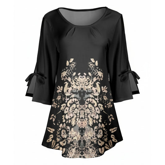 Lily by Firmiana Women's Round Neck Tunic with Split Hem ¾ Sleeves and Tie Detail Black & Beige Baroque Floral