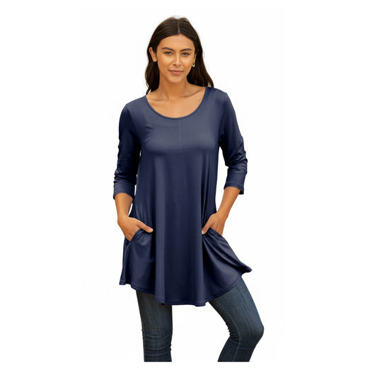 Lily by Firmiana Women's Round Hem Tunic with ¾ Length Sleeves and Side Pockets Solid Navy Blue