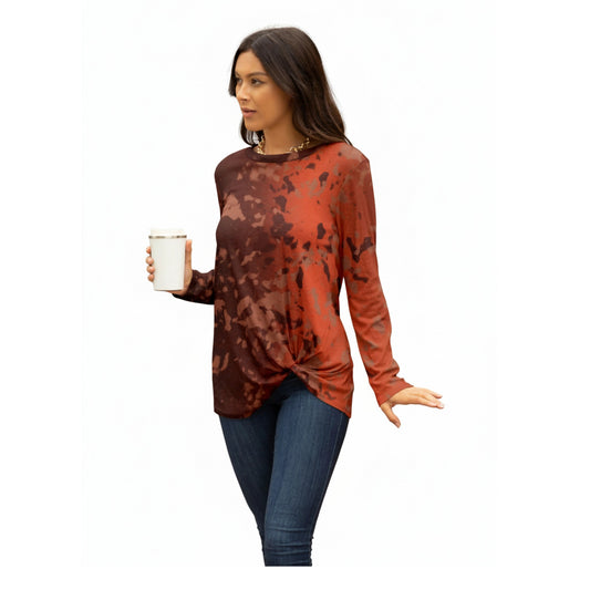 Lily by Firmiana Women's Long Sleeve Tunic with Twist Hem Brown and Orange Gradient