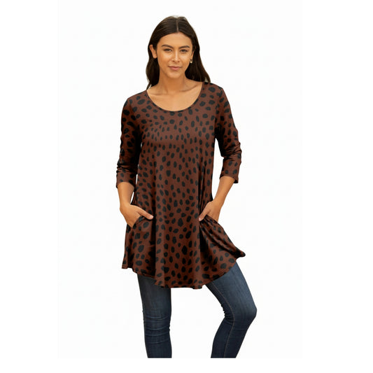 Lily by Firmiana Women's Round Hem Tunic with ¾ Length Sleeves and Side Pockets Brown and Black Abstract Polka Dot
