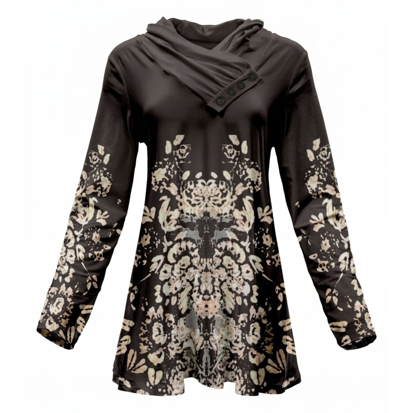 Lily by Firmiana Women's Shawl Neck Tunic with 4-Button Placket and Long Sleeves Champagne and Black Geometric