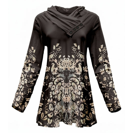 Lily by Firmiana Women's Shawl Neck Tunic with 4-Button Placket and Long Sleeves Champagne and Black Geometric