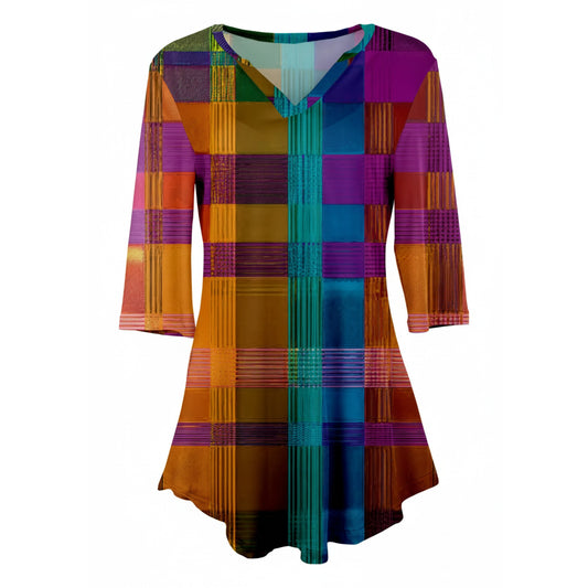 Lily by Firmiana Women's 3/4 Sleeve Notch Neck Tunic Purple Multicolor