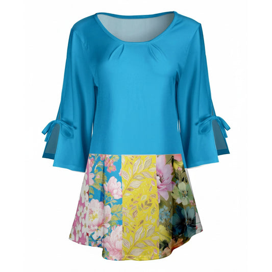 Lily by Firmiana Women's Round Neck Tunic with Split Hem ¾ Sleeves and Tie Detail Blue & Yellow Floral Patchwork