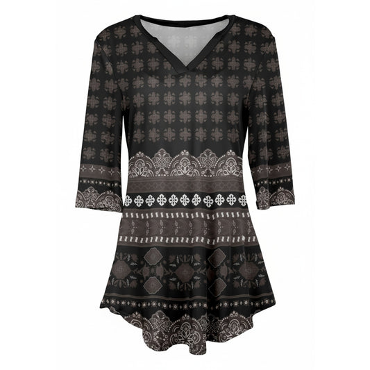 Lily by Firmiana Women's 3/4 Sleeve Notch Neck Tunic Grey and Black Bohemian Border Print