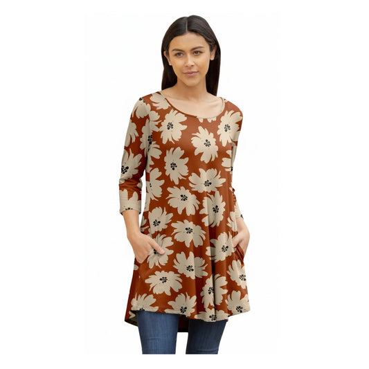 Lily by Firmiana Women's Round Hem Tunic with ¾ Length Sleeves and Side Pockets Orange and Tan Floral