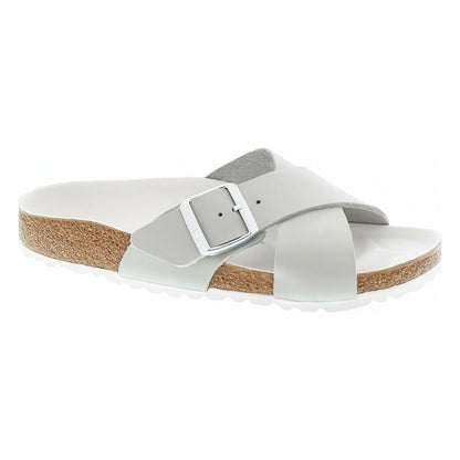 Birkenstock Women's Siena Big Buckle Suede Leather Washed Metallic White Sandals