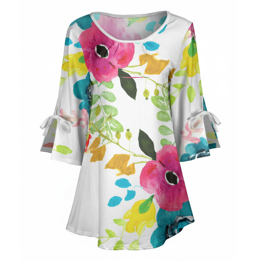 Lily by Firmiana Women's Round Neck Tunic with Split Hem ¾ Sleeves and Tie Detail White Floral with Pink & Blue Accents