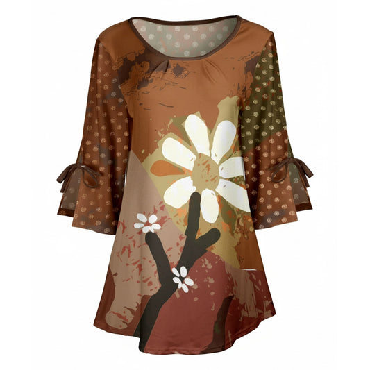 Lily by Firmiana Women's Round Neck Tunic with Split Hem ¾ Sleeves and Tie Detail Brown Daisy Floral Patchwork