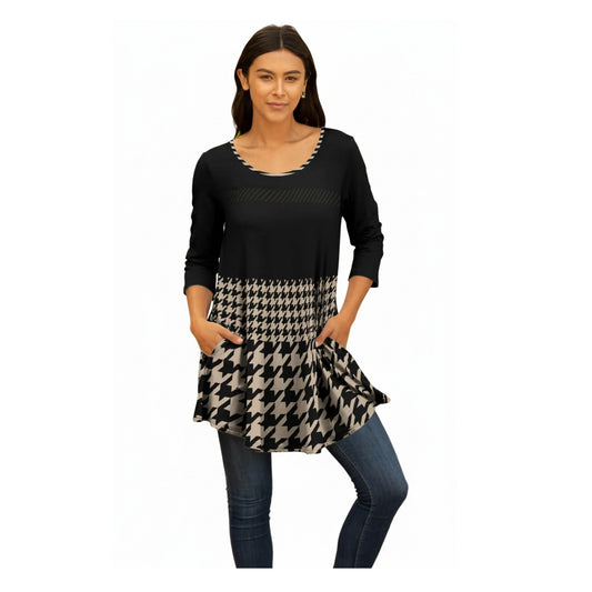 Lily by Firmiana Women's Round Hem Tunic with ¾ Length Sleeves and Side Pockets Black and Tan Houndstooth