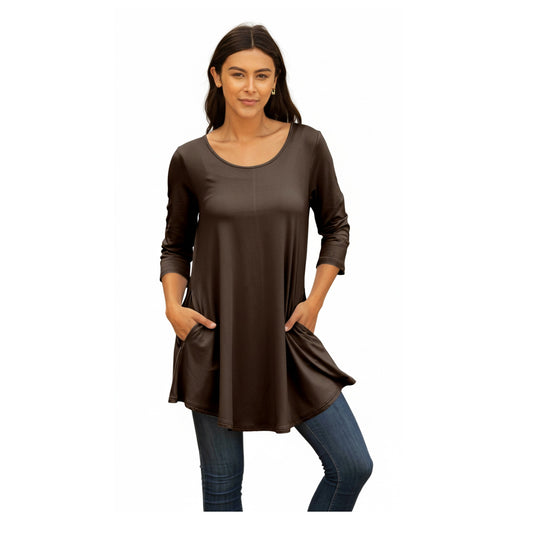 Lily by Firmiana Women's Round Hem Tunic with ¾ Length Sleeves and Side Pockets Solid Brown