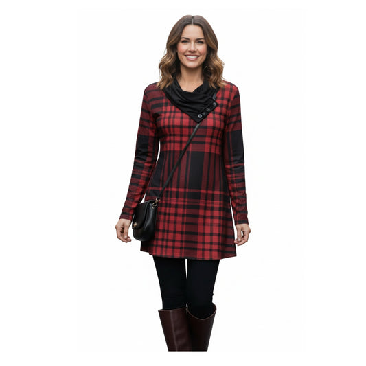Lily by Firmiana Women's Long Sleeve Cowl Neck Tunic with Pockets Red & Black Plaid Holiday Print