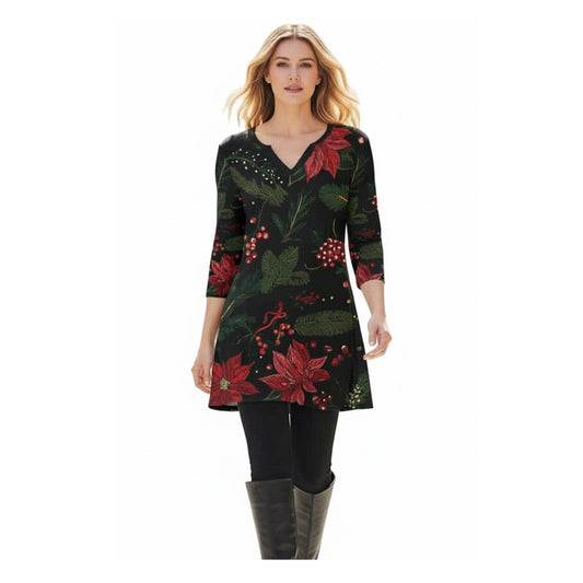 Lily by Firmiana Women's 3/4 Sleeve Notch Neck Tunic Green & Red Poinsettia Floral Holiday Print
