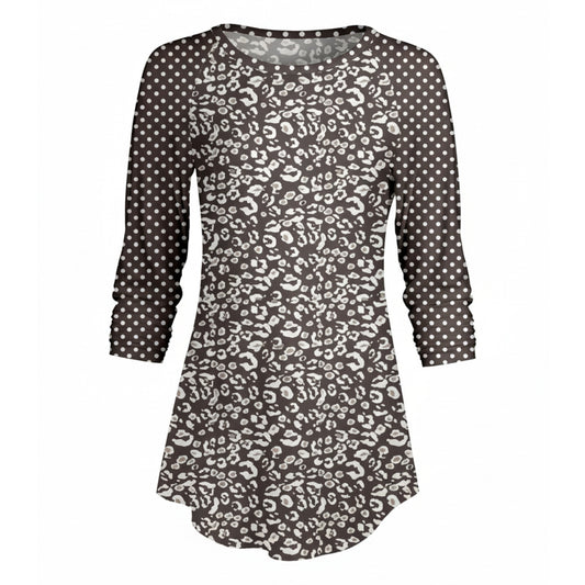 Lily by Firmiana Women’s ¾ Sleeve Scoop Neck Tunic Top Grey and White Leopardal