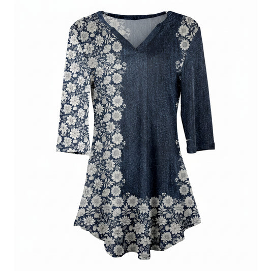 Lily by Firmiana Women's 3/4 Sleeve Notch Neck Tunic Blue and White Floral