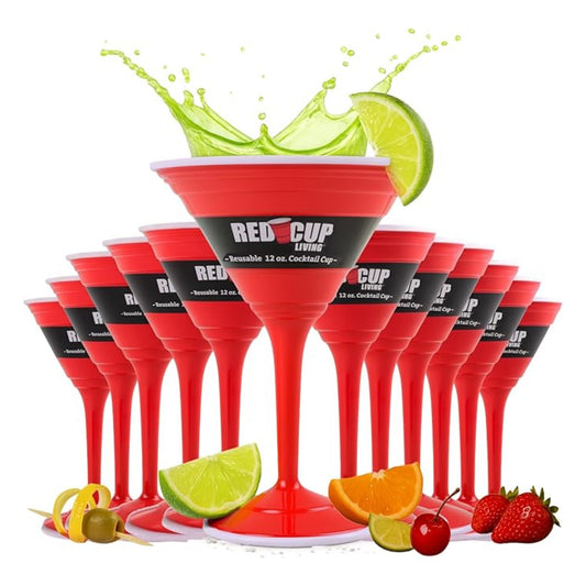 Reusable Red Plastic Cocktail Glasses with Stem, 12oz, Unique Drinking Glasses for Parties, Durable Champagne Flutes, Sturdy Stem Glass for Wine, Elegantes Copas De Vino, Pack of 12