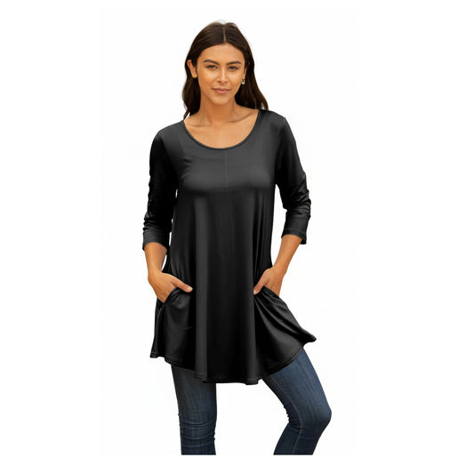 Lily by Firmiana Women's Round Hem Tunic with ¾ Length Sleeves and Side Pockets Solid Black
