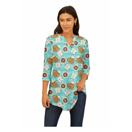 Lily by Firmiana Women's 3/4 Sleeve Notch Neck Tunic Blue and White Marshmallow Snowman Print