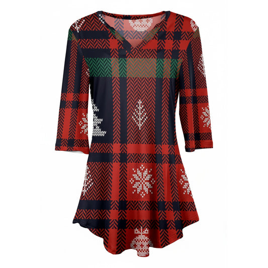 Lily by Firmiana Women's 3/4 Sleeve Notch Neck Tunic Red & Green Nordic Snowflake Plaid Print