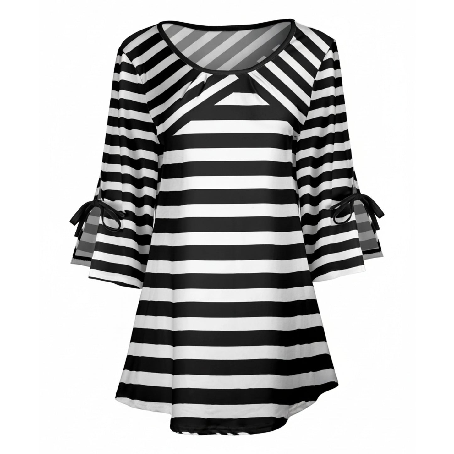 Lily by Firmiana Women's Round Neck Tunic with Split Hem ¾ Sleeves and Tie Detail Black & White Horizontal Stripe