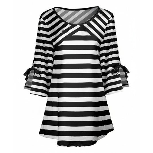 Lily by Firmiana Women's Round Neck Tunic with Split Hem ¾ Sleeves and Tie Detail Black & White Horizontal Stripe