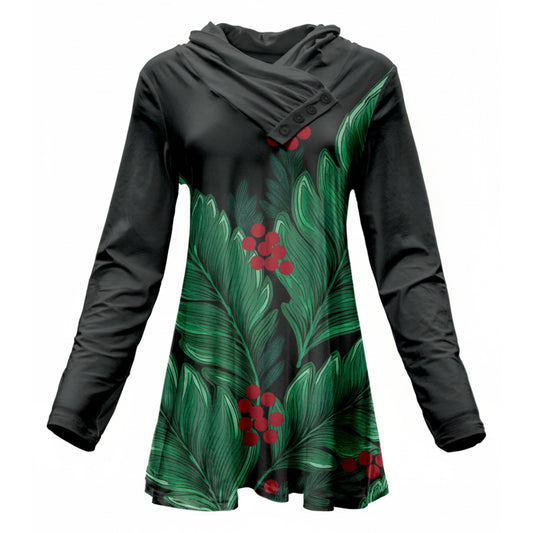 Lily by Firmiana Women's Long Sleeve Cowl Neck Tunic with Pockets Black & Green Palm Leaf Holiday Print