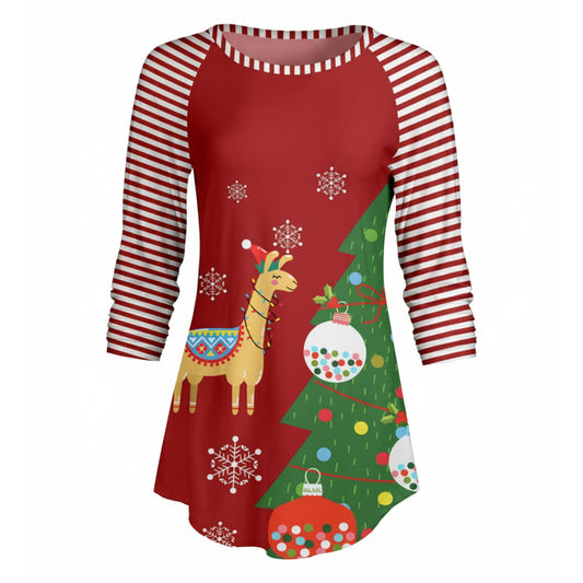 Lily by Firmiana Women’s ¾ Sleeve Scoop Neck Tunic Top Red Christmas Print Tunic