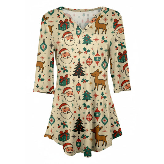Lily by Firmiana Women's 3/4 Sleeve Notch Neck Tunic Beige Christmas Tree Village Holiday Print