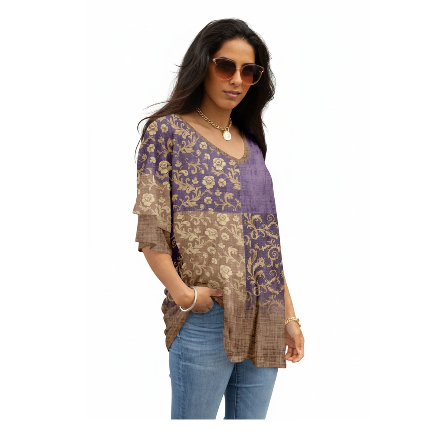 Lily by Firmiana Women's Double Sleeve V-Neck Tunic Purple & Taupe Geometric Mix