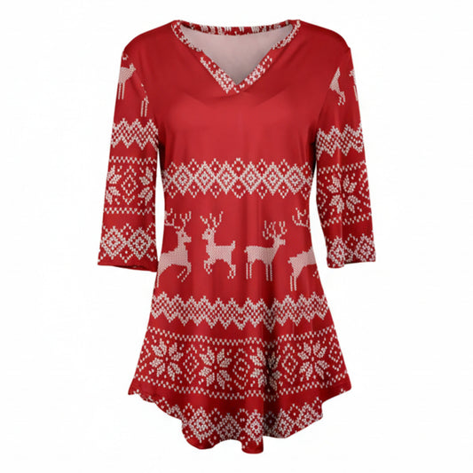 Lily by Firmiana Women's 3/4 Sleeve Notch Neck Tunic Red and White Christmas Sweater Print