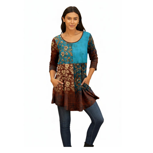 Lily by Firmiana Women's Round Hem Tunic with ¾ Length Sleeves and Side Pockets Blue and Brown Tapestry Gradient