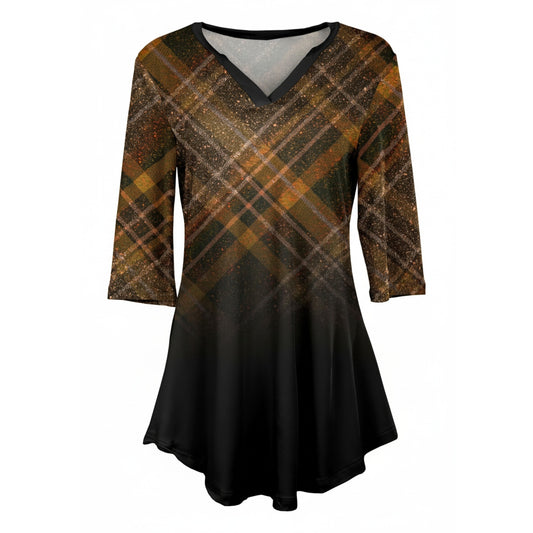 Lily by Firmiana Women's 3/4 Sleeve Notch Neck Tunic Brown and Black Glitter Print