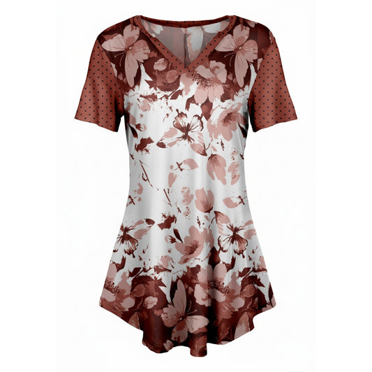 Lily by Firmiana Women's Short Sleeve Notch Neck Tunic Rust and White Floral