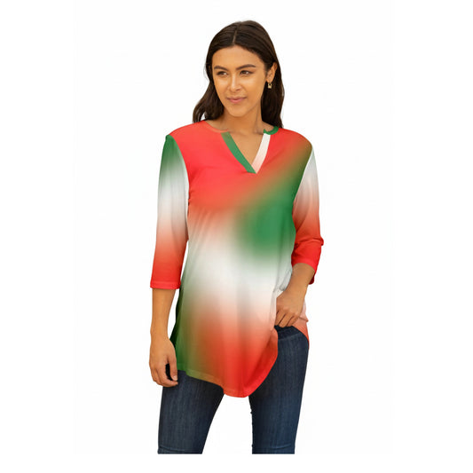 Lily by Firmiana Women's 3/4 Sleeve Notch Neck Tunic Red & Green Ombre Top
