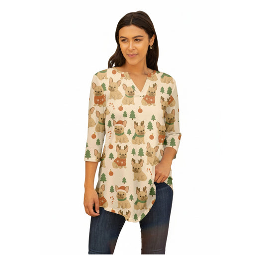 Lily by Firmiana Women's 3/4 Sleeve Notch Neck Tunic Holiday French Bulldog Print