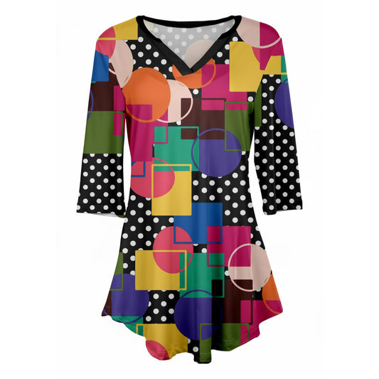 Lily by Firmiana Women's 3/4 Sleeve Notch Neck Tunic Black and Multicolor Geometric Print