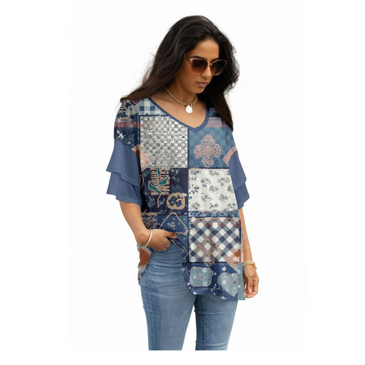 Lily by Firmiana Women's Double Sleeve V-Neck Tunic Blue & Denim Patchwork
