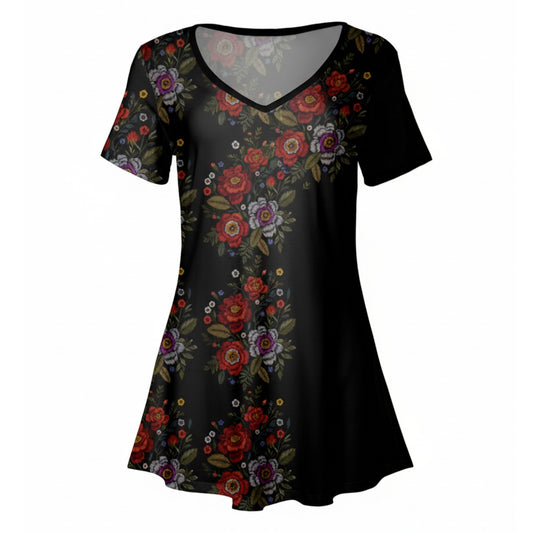 Lily by Firmiana Women's V-Neck Short Sleeve Tunic Black & Red Floral