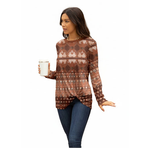 Lily by Firmiana Women's Long Sleeve Tunic with Twist Hem Brown and Cream Geometric