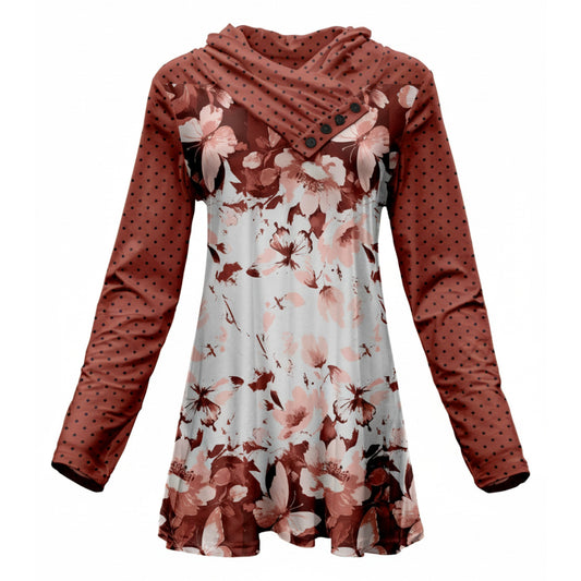 Lily by Firmiana Women's Shawl Neck Tunic with 4-Button Placket and Long Sleeves Rust and White Floral with Polka Dot