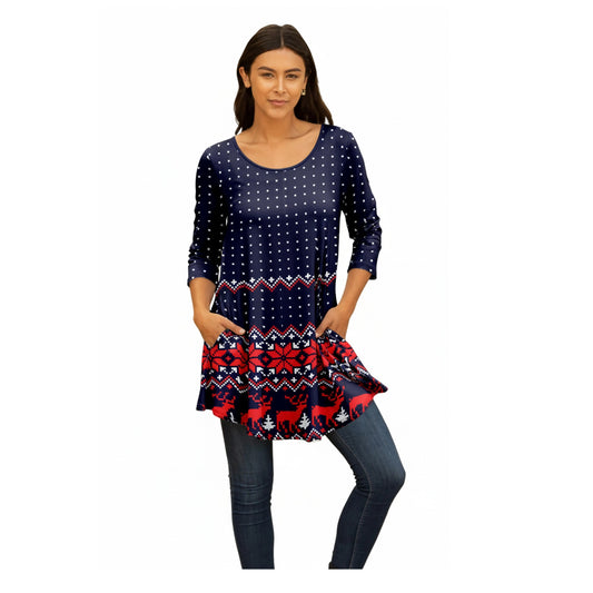 Lily by Firmiana Women's Round Hem Tunic with ¾ Length Sleeves and Side Pockets Navy Blue and Red Winter Sweater Print