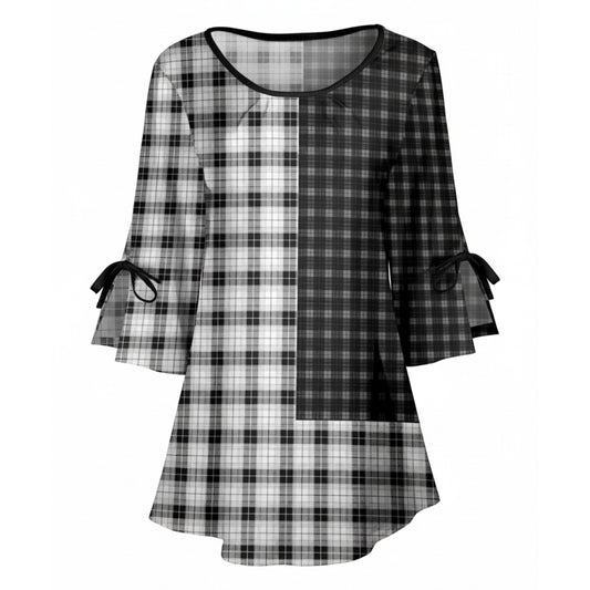 Lily by Firmiana Women's Round Neck Tunic with Split Hem ¾ Sleeves and Tie Detail Black & White Gingham Patchwork