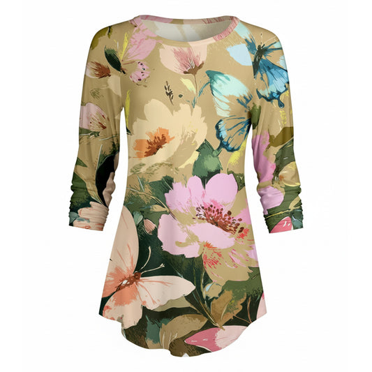 Lily by Firmiana Women’s ¾ Sleeve Scoop Neck Tunic Top Orange & Peach Floral Print