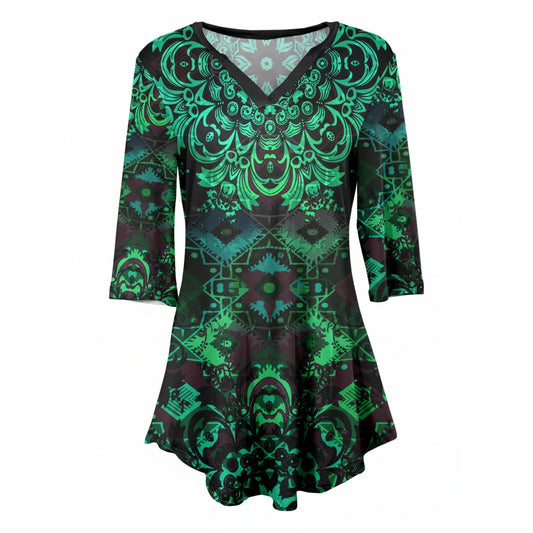 Lily by Firmiana Women's 3/4 Sleeve Notch Neck Tunic Green & Black Baroque Holiday Print