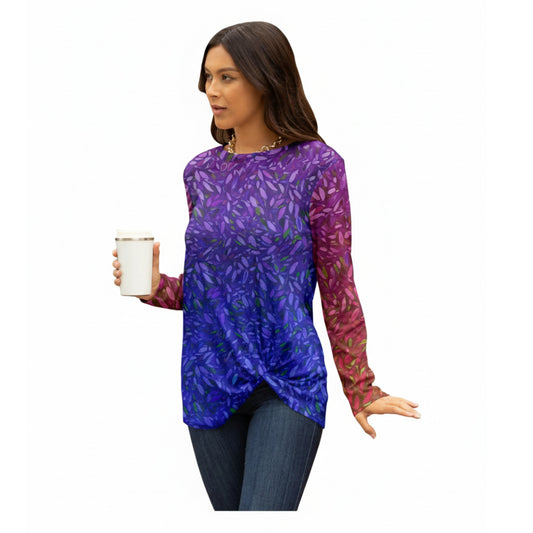 Lily by Firmiana Women's Long Sleeve Tunic with Twist Hem Purple and Fuchsia Gradient Leaf