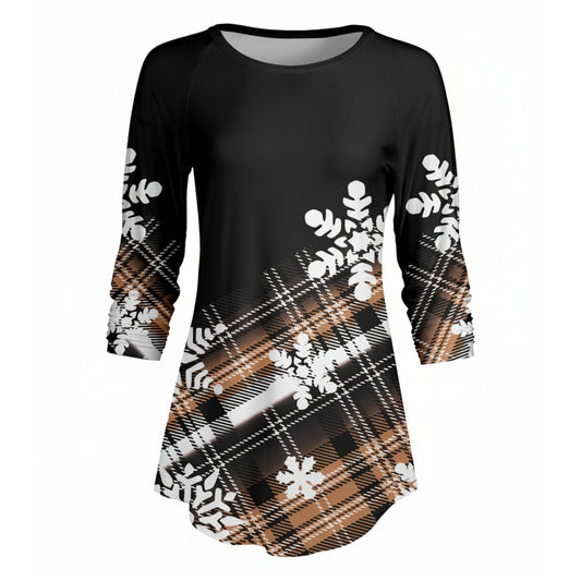 Lily by Firmiana Women’s ¾ Sleeve Scoop Neck Tunic Top Brown and Black Snowflake Print