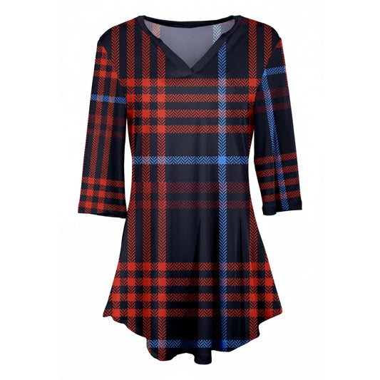 Lily by Firmiana Women's 3/4 Sleeve Notch Neck Tunic Red & Navy Plaid Holiday Print