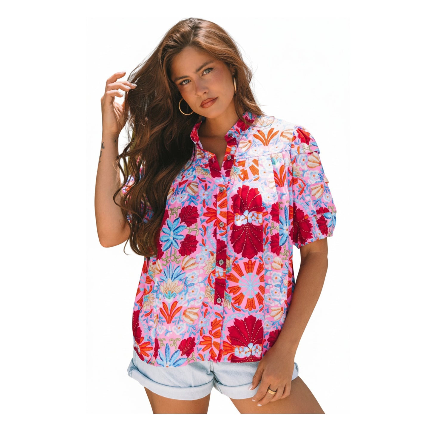 Mikaela Floral Bubble Sleeve Button Up Pleated Shirt by Threaded Pear